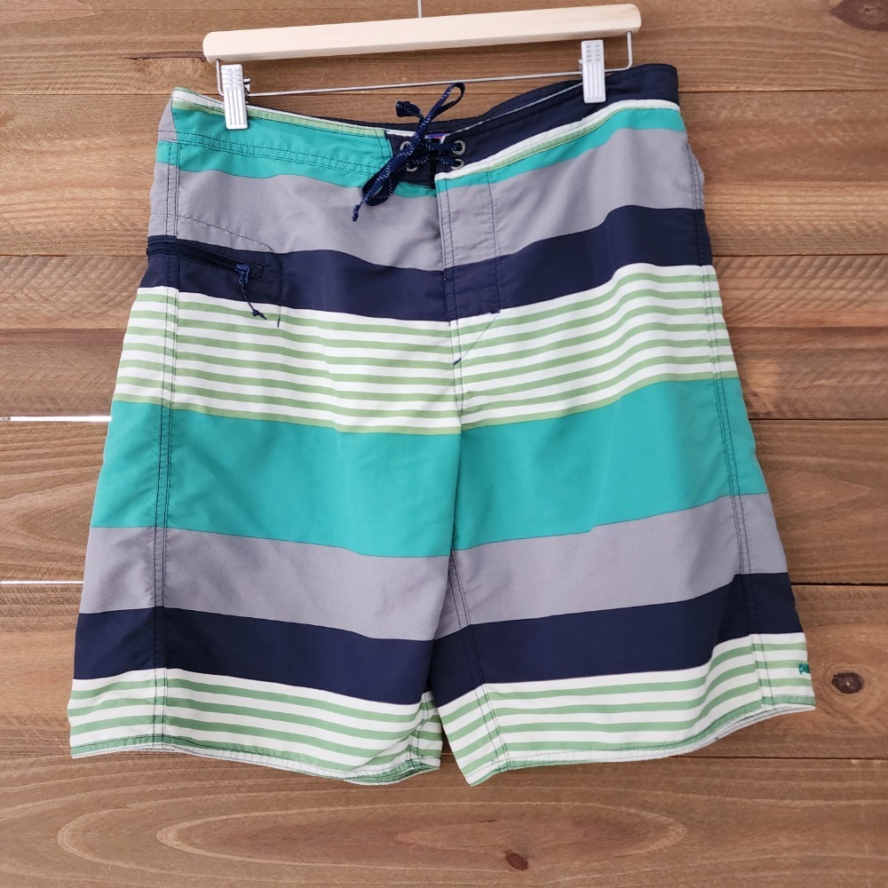 Patagonia‎ blue purple white black striped board shorts swim trunks mens size 35